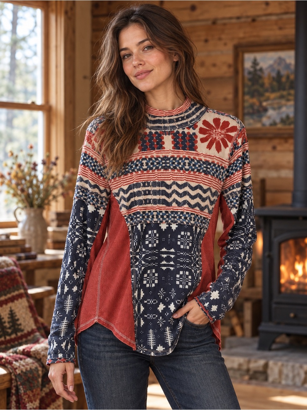 Free People We The Free Myoko jacquard Fair Isle Thermal Mock Neck Top L